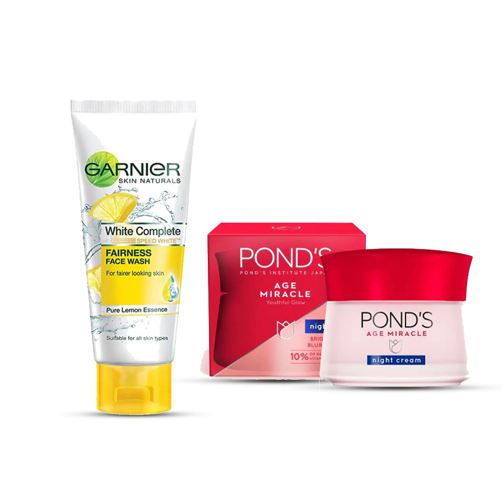 Whitening Combo For Daily Use 2 in1 Ponds Age Miracle Wrinkle Corrector Night Cream 50g         Rs.1450 Garnier White Complete Double Action Face Wash 100g       Rs.700 Just use 6 days & 100% Result