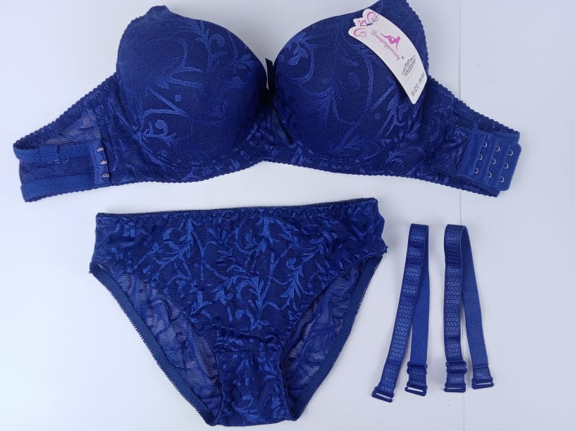 Blue Padded & Embroided Bra & Panties Set